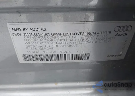 2008 Audi A4 2.0T/2.0T Special Edition from USA, damaged, VIN WAUAF78E18A138208